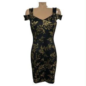Alex B NWT Elegant Black One-Shoulder Sheath Dress with Gold Leaf Pattern S10